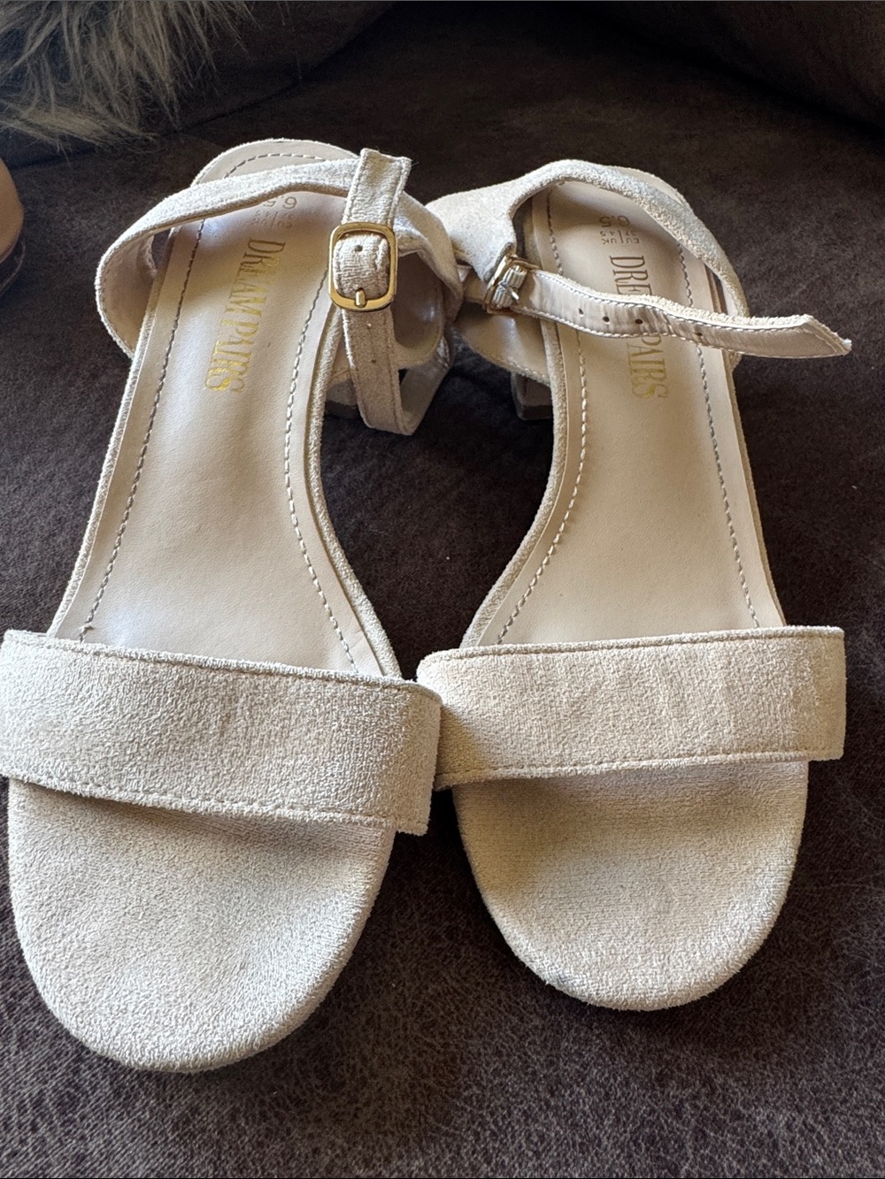 Dream Pairs Light Beige Suede Ankle-Strap Block Heel Sandals